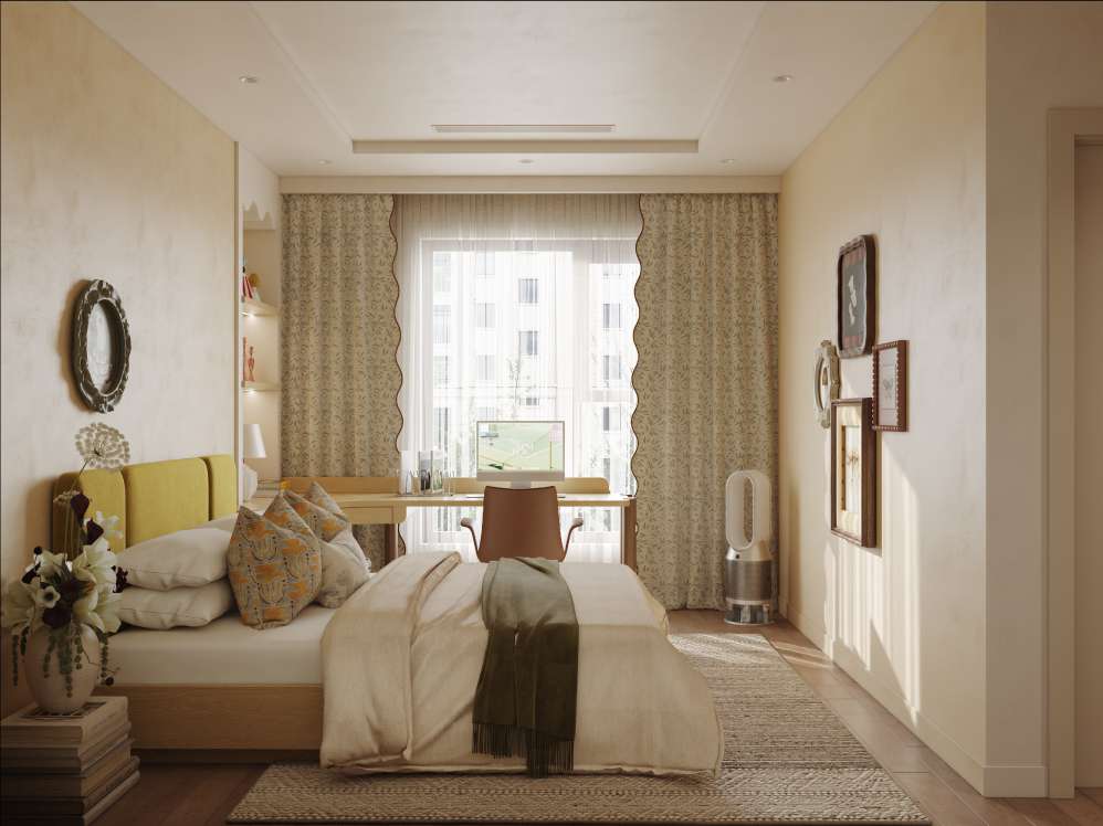 Thiết kế nội thất phòng ngủ 1 mang tinh thần Eclectic cá tính, thể hiện qua cách phối màu, chất liệu và đồ decor.

